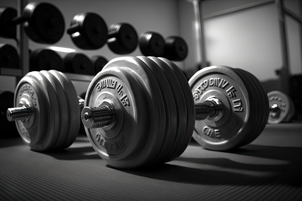 Dumbbells on the floor of a gym