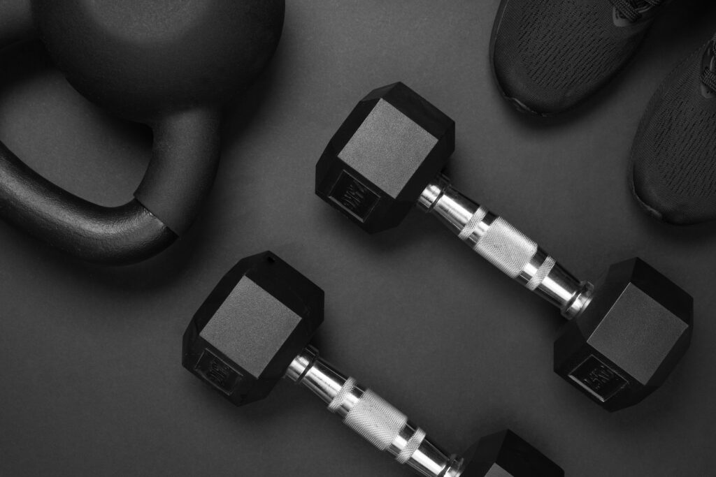 Dumbbells on the floor of a gym